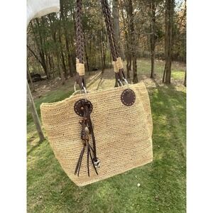 Brighton Straw Wicker Tote Bag Purse Brown Braided Leather Strap Bag Charms